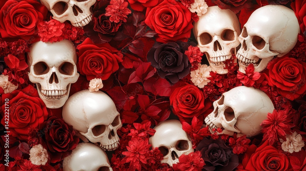 This artwork depicts a cluster of skulls encircled by red roses, embodying a striking commentary on the duality of beauty and mortality, ideal for thematic exploration. This artwork depicts a cluster of skulls encircled by red roses, embodying a striking commentary on the duality of beauty and mortality, ideal for thematic exploration.