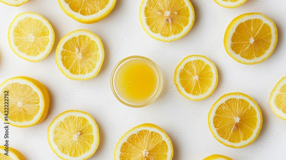 Aerial view of sliced lemon slices and juice on white background Aerial view of sliced lemon slices and juice on white background