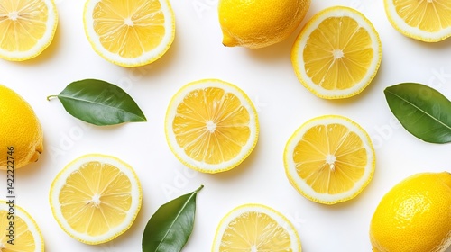 Aerial view of sliced lemon slices and juice on white background 