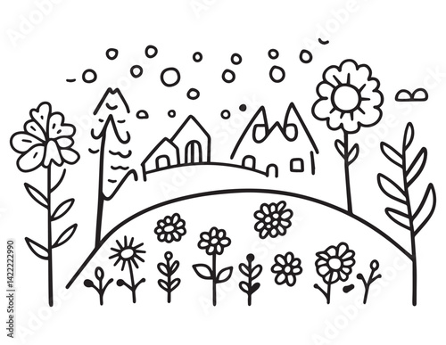 Landscape Coloring Page – Line Art Farm Field and Mountain Scene for Kids & Adults