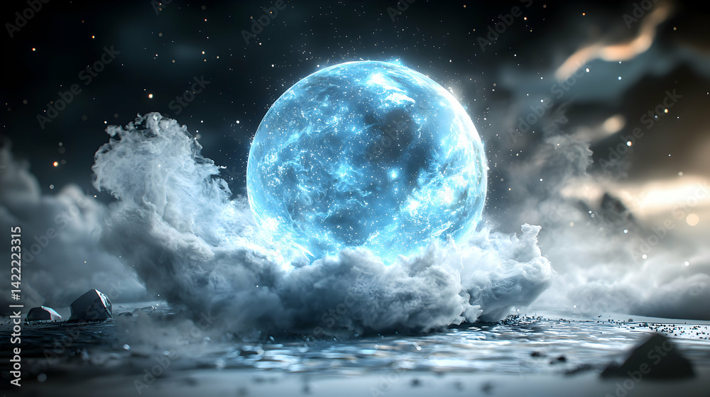 Fototapeta premium A glowing blue orb surrounded by ethereal clouds and a starry sky. Perfect for fantasy artwork or mystical book covers. Ideal for sci-fi themes.