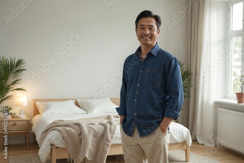Happy Japanese Man in 40s Wearing Dark Denim Shirt and Beige Trousers, Genuine Pose - Medium Wide
