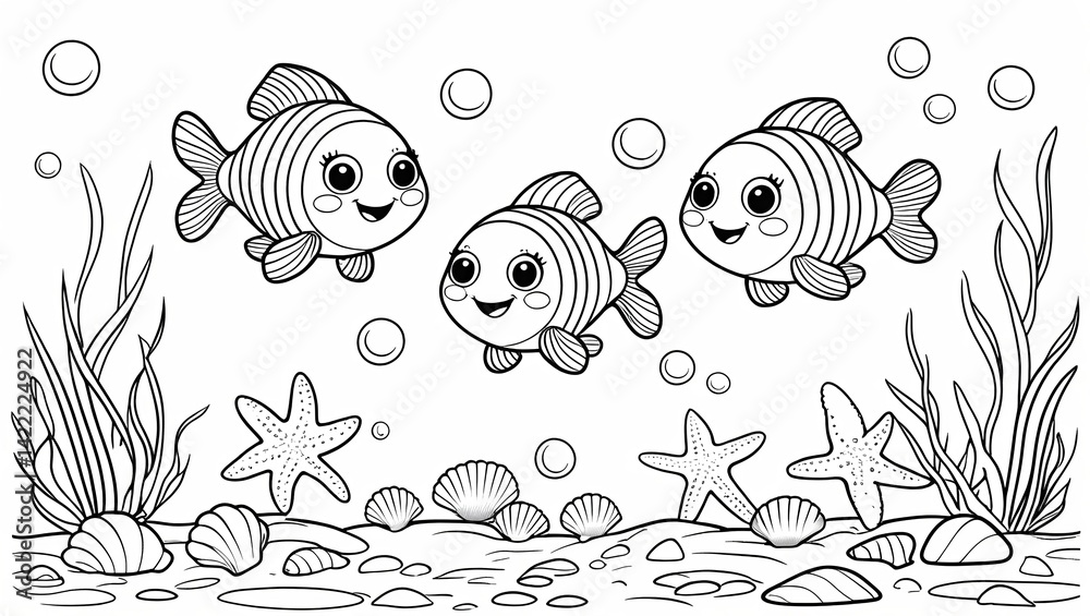 Fototapeta premium Whimsical Fish and Seaweed Line Art Illustration