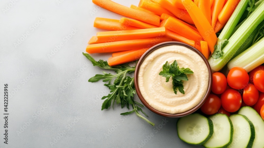 A vibrant display of fresh vegetables surrounding a bowl of hummus, representing healthy eating habits and the beauty of colorfully arranged food in a modern lifestyle. A vibrant display of fresh vegetables surrounding a bowl of hummus, representing healthy eating habits and the beauty of colorfully arranged food in a modern lifestyle.
