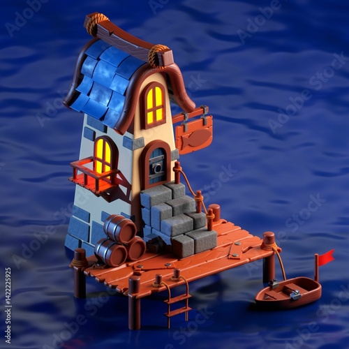 A beautifully stylized 3D rendering of a whimsical coastal house with a dock and a small boat. The building features glowing windows, barrels, stairs, and a wooden pier structure. Perfect for game