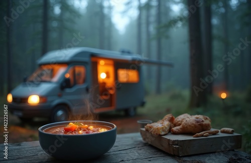 Steaming hot meal on camping table near illuminated camper van in misty forest. Outdoor lifestyle travel, peaceful evening, vanlife vibes. Camping comfort, travel dinner, adventure time, eating on