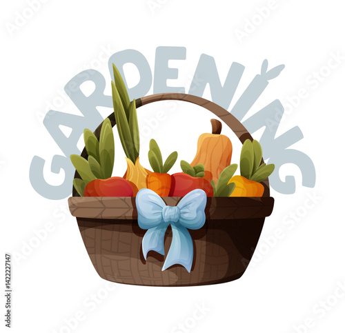 Vector clipart of a brown basket with a blue bow, fresh vegetables and bold text on a white background. Perfect for farm market designs, eco-friendly projects, food packaging, and kids' materials