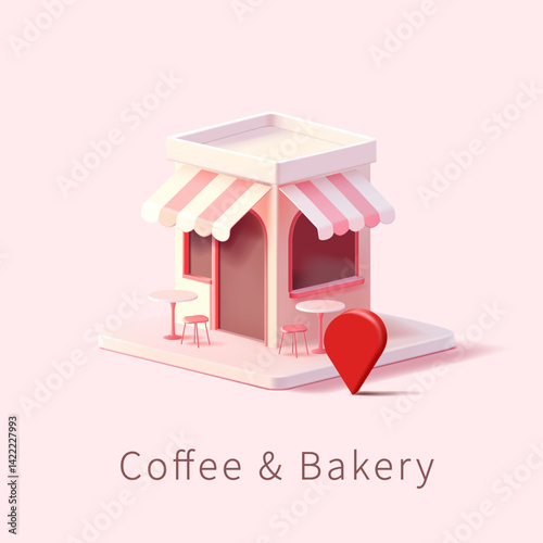 3D building of a cafe, bakery with tables, tenon, and location icon. Craft cafe, bakery. Delicious drinks and pastries. Vector illustration.