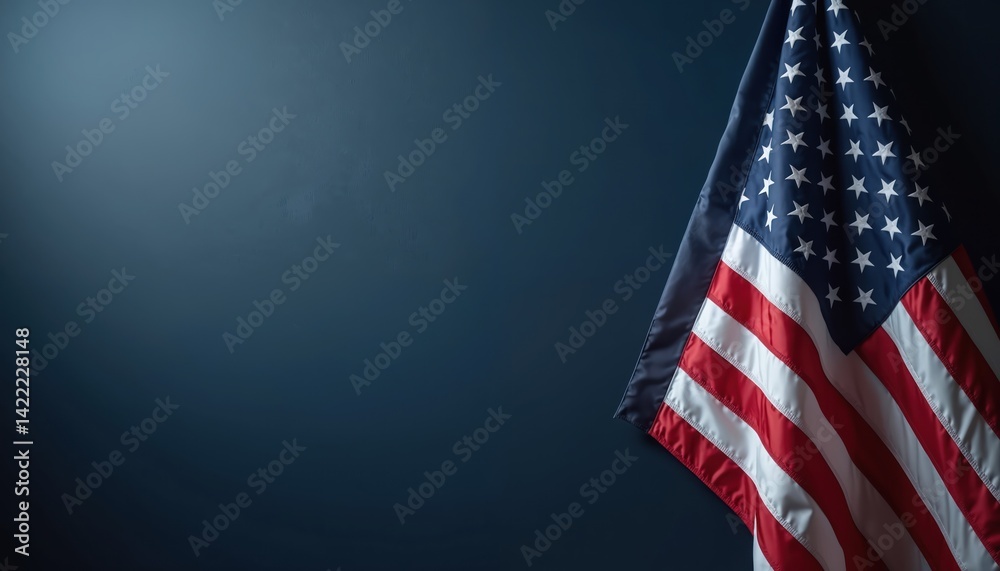 Obraz premium American flag waving against dark background. National symbol represents patriotism, freedom, independence. Stars stripes in red, white, blue colors. Perfect for memorial day, fourth July or election.