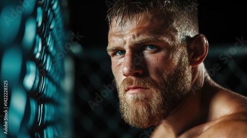 Captured in a striking close-up, a fierce fighter presents an intense gaze through cage bars, highlighting the raw emotions associated with combative sports and competition.