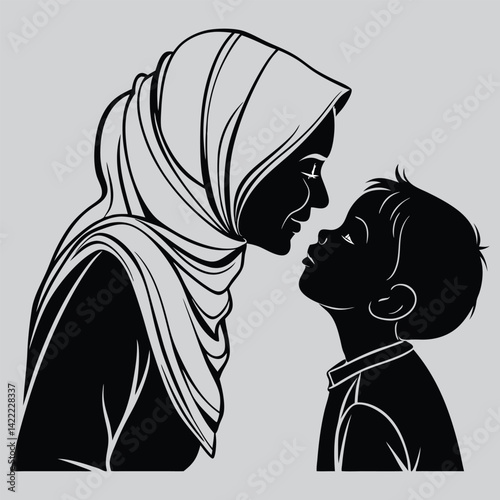 Child kissing mother’s cheek image silhouette design vector art and illustration
