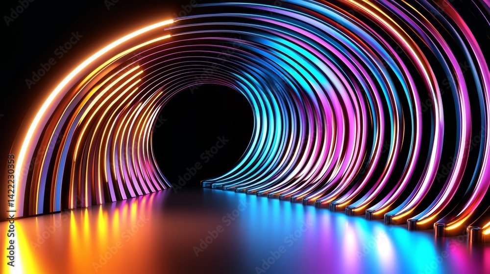 Long, colorful tunnel with neon lights. The tunnel is dark and the lights are bright and colorful Long, colorful tunnel with neon lights. The tunnel is dark and the lights are bright and colorful