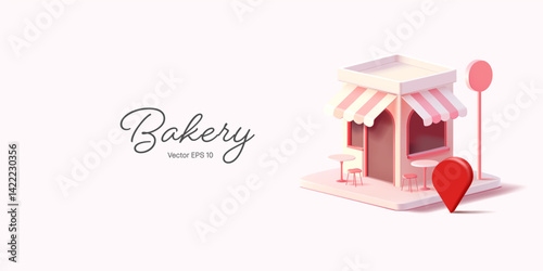 3D facade of bakery building, pastry shop, cafe. Bakery building with tables and a signboard for concepts of delicious bread, pastries, and desserts. Vector illustration