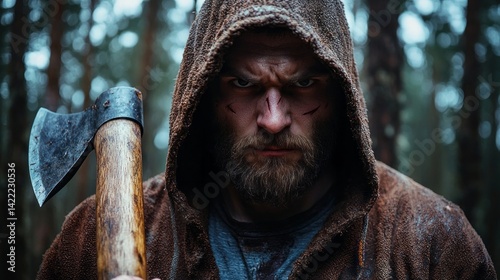 A man with a beard and a hooded sweatshirt holding an axe