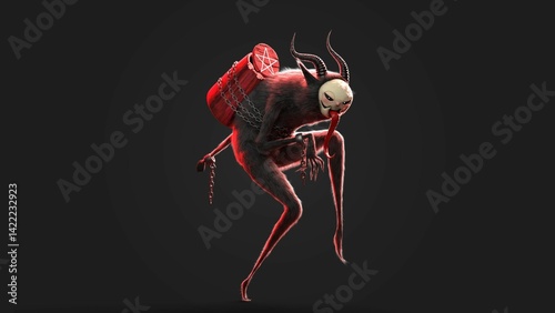 A highly detailed 3D rendering of a stylized Krampus creature in a dark fantasy style. The design features a demonic figure with horns, chains, a red barrel with a pentagram, and a white mask.