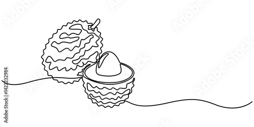 Continuous one single minimal line drawing lychee, Single one line drawing peeled healthy organic lychee for orchard logo identity. Fresh tropical fruitage concept for fruit garden icon. Modern style.