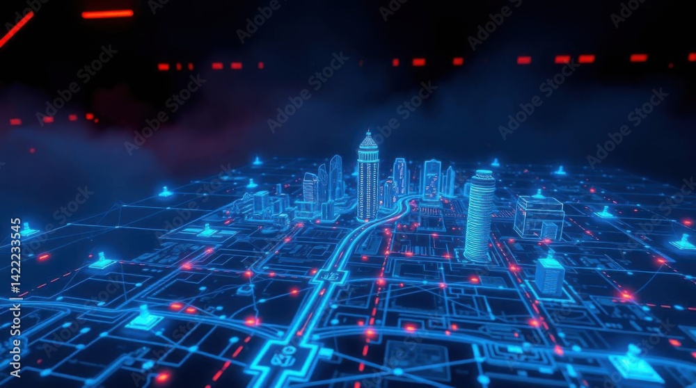 Obraz premium Futuristic Cityscape Blueprint with Glowing Neon Grid and Modern Design