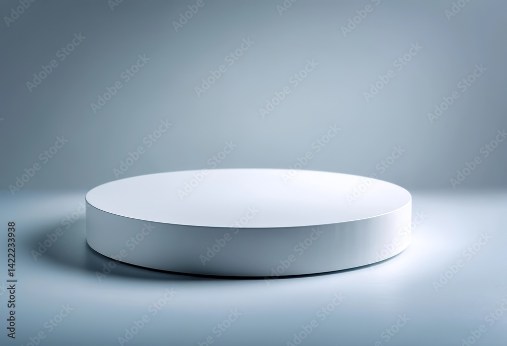 A round, flat, white platform for product presentation, isolated against a background with soft A round, flat, white platform for product presentation, isolated against a background with soft