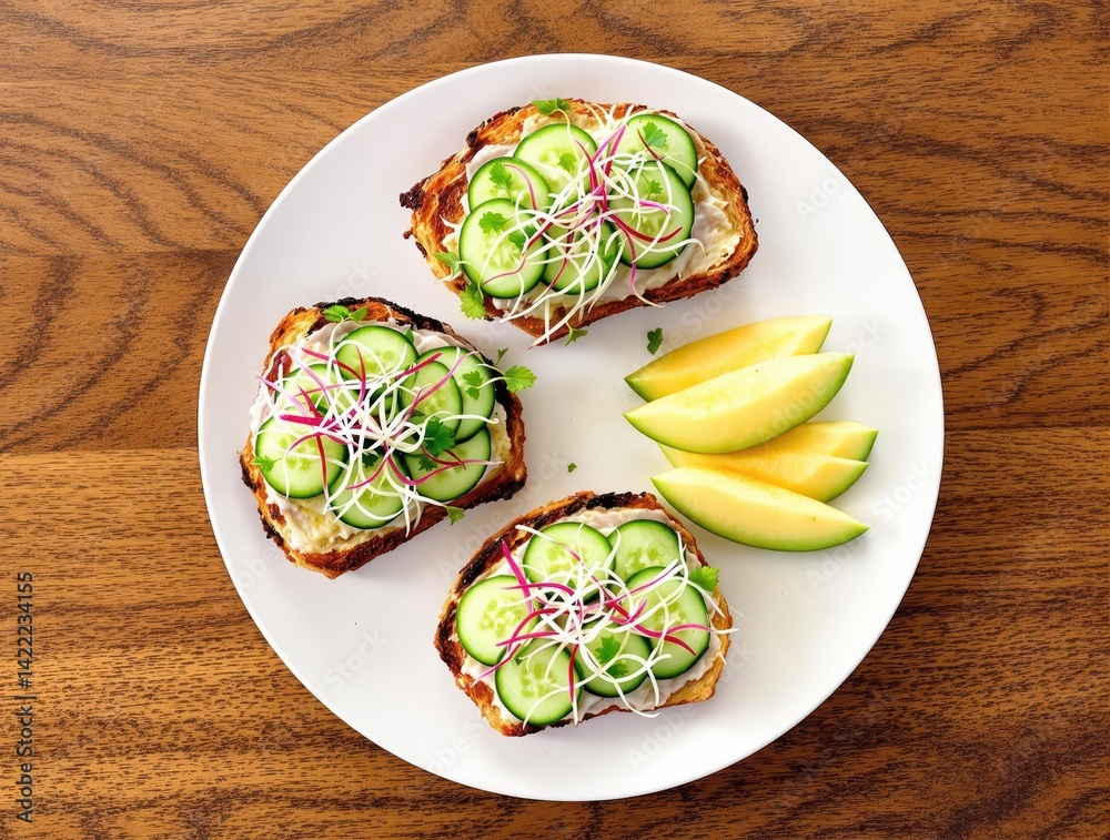 Three slices of bread with cucumbers on top and a slice of avocado on the right Three slices of bread with cucumbers on top and a slice of avocado on the right