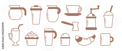 Coffee line icon mocha mousse colors, cup and mug, hot drink set. Cafe, milk, tea, croissant, cake, hot chocolate shop outline design. Trendy colors 2025 year. Vector illustration