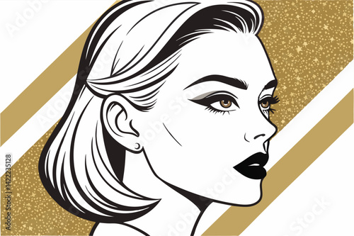 Retro Pop Art Woman Illustration with Gold Glitter Background
