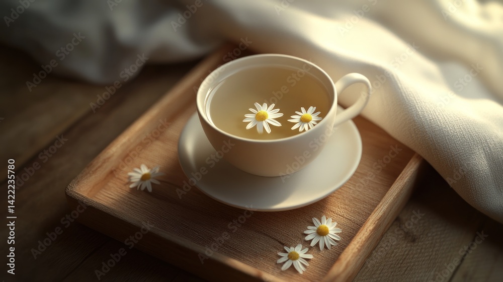 Chamomile tea on wooden tray, morning light Chamomile tea on wooden tray, morning light