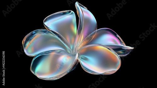 Dreamcore Plumeria exotic bloom isolated. Chrome liquid metal flower. 3D render, modern design. Holographic futuristic floral icon. Y2K, brutalism retro futurism concept.