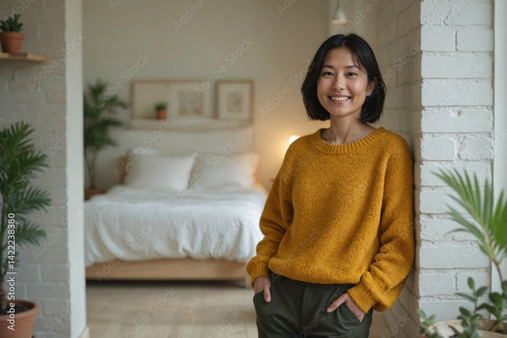 Smiling Japanese woman in early forties, foreground close-up capturing happiness in a mustard yellow sweater and comfortable clothing. Smiling Japanese woman in early forties, foreground close-up capturing happiness in a mustard yellow sweater and comfortable clothing.