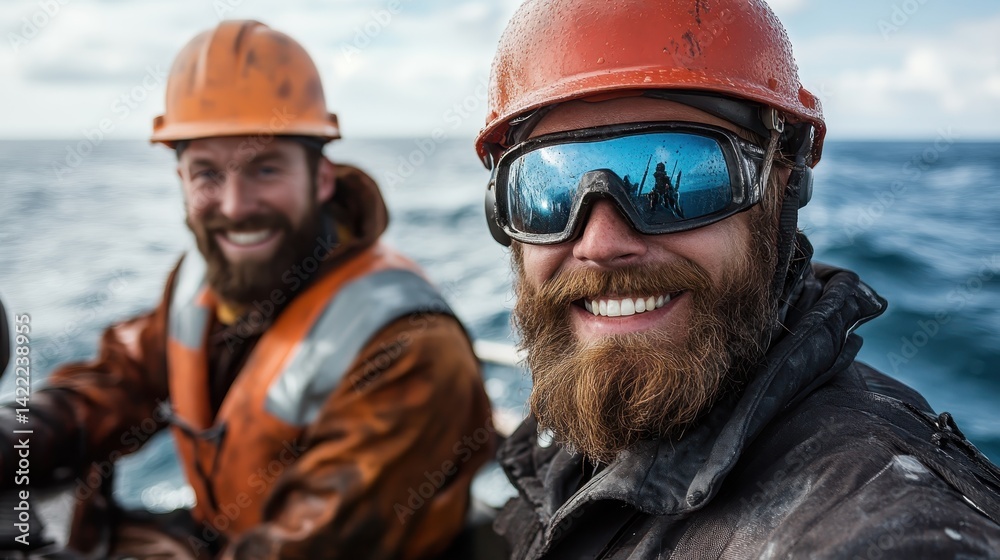 Two fishermen onboard their boat smile broadly, representing the joy and camaraderie found in marine professions on a beautiful day at sea. Two fishermen onboard their boat smile broadly, representing the joy and camaraderie found in marine professions on a beautiful day at sea.