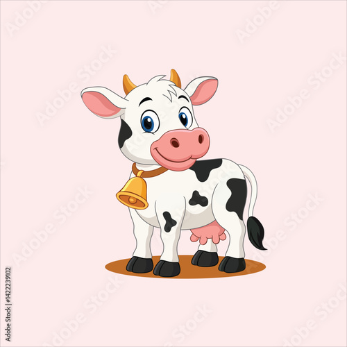 A creative cartoon vector of a cute white cow with black dots. The design captures a friendly, bucolic farm animal, symbolizing livestock and dairy care.