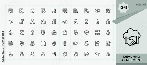 Deal And Agreement icon set. Partnership icon set. Pack of contract, cooperation, deal, relationship, handshake, collaboration, partner and more. Editable stroke vector art.