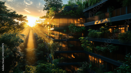 Sunrise over green business center, morning light filtering through plants on balconies