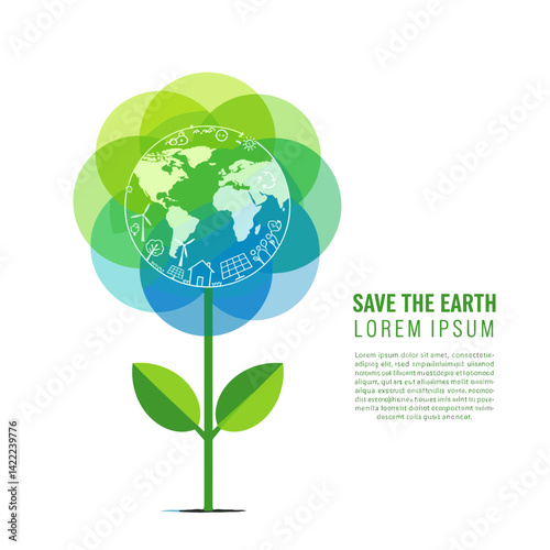 Eco-Friendly Bloom: A symbolic illustration featuring a flower constructed from the Earth, promoting environmental protection and the significance of nurturing our planet.