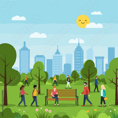 City Park Life: A vibrant illustration depicting diverse people enjoying a sunny day in a city park, with lush greenery and a modern cityscape backdrop.