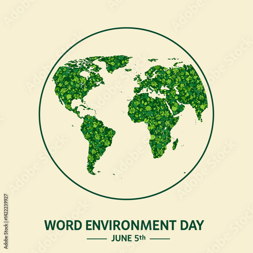 World Environment Day: A graphic representation of the earth composed entirely of verdant foliage, encircled by a symbolic ring, evokes a sense of global unity, celebrating a verdant earth.