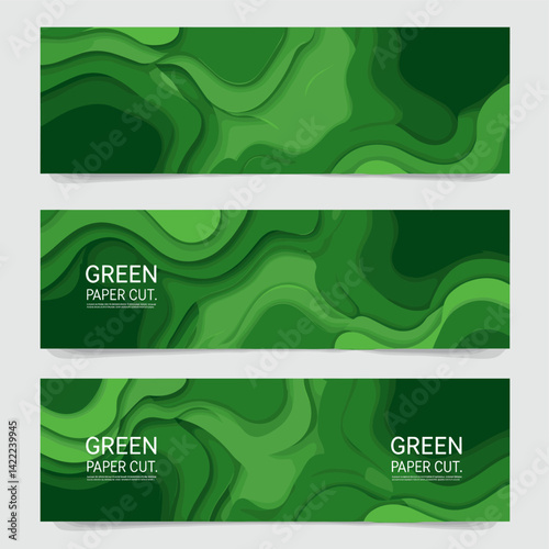 Green Paper Cut Banners: Abstract green banners featuring layered paper cut effect, showcasing the beauty of depth and dimension, bringing a modern and organic feel. 
