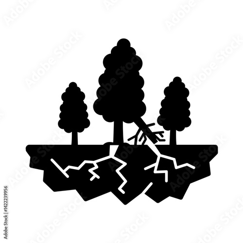 Earthquake Disaster Icon:  A striking black silhouette depicting a cracked earth with uprooted trees, symbolizing the devastating impact of an earthquake.