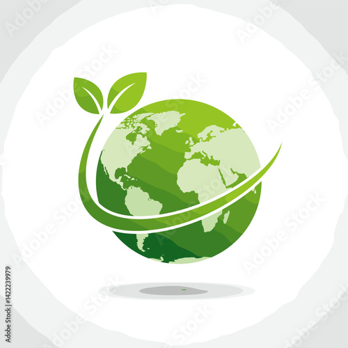 Green Planet: Eco-friendly concept featuring a stylized Earth globe encircled by green leaves, symbolizing environmental conservation and sustainability.