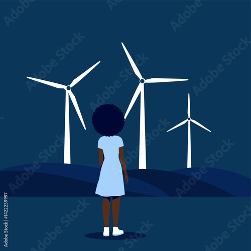 A Gaze at Tomorrow: A young girl stands in contemplation before towering wind turbines, a symbol of sustainable energy and a hopeful future.