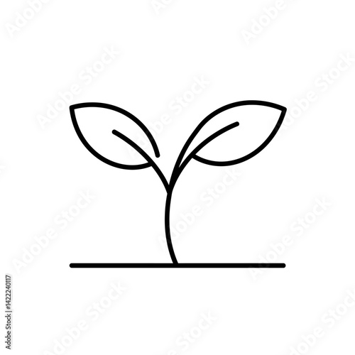 New Growth: Simple line art illustration of a young plant with two leaves sprouting from the ground, symbolizing new beginnings, growth, and environmental themes. 