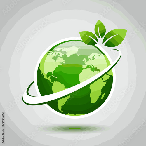 Green Earth Icon: A vibrant green Earth icon adorned with three leaves, orbiting in a gentle white arc, symbolizes environmental conservation and sustainability.