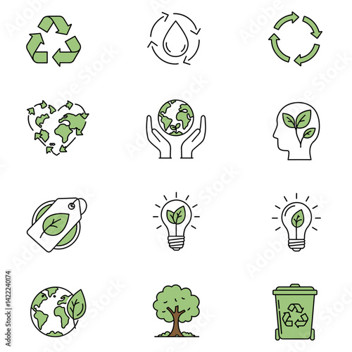 Icons of Environmental Harmony: A collection of vector icons representing the vital elements of environmental conservation, ecological preservation, and sustainable practices.
