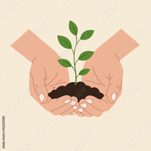 Nurturing Growth: Hands cradle a vibrant seedling, symbolizing the careful nurturing of a new beginning. A symbol of growth, care, and environmental stewardship.