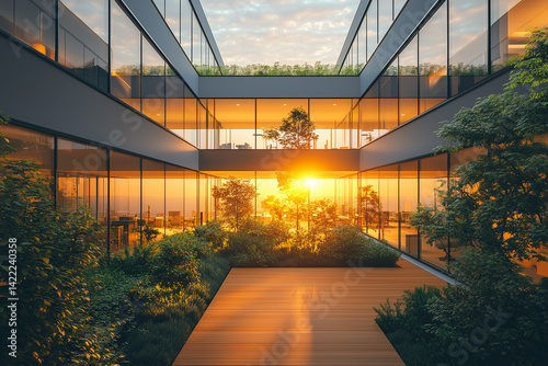 Golden hour shot of modern office with glowing green terraces