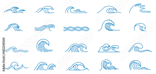 Minimal Blue Wave Icons and Ocean Flow Symbols Set