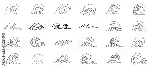 Large Set of Hand Drawn Ocean Wave Illustrations and Splash Elements