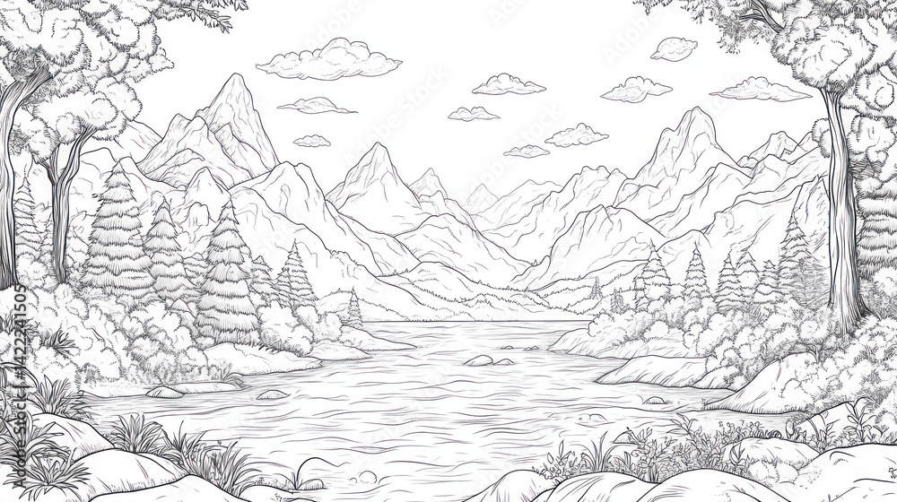 Obraz premium Serene mountain lake landscape; peaceful nature scene for book illustrations