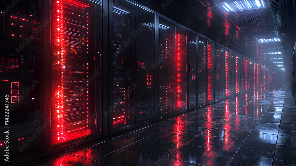 Obraz premium A futuristic server room bathed in red light. Suggests data centers high-tech environments. Ideal for digital art or technology themed visuals.