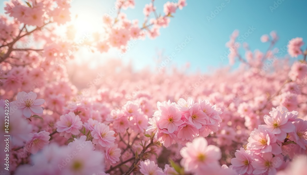 Field covered in delicate cherry blossoms. Soft pink petals contrast against bright blue sky. Natural scenery spring season. Blossoming trees, beauty, harmony, romance. Ideal for design, background, Field covered in delicate cherry blossoms. Soft pink petals contrast against bright blue sky. Natural scenery spring season. Blossoming trees, beauty, harmony, romance. Ideal for design, background,