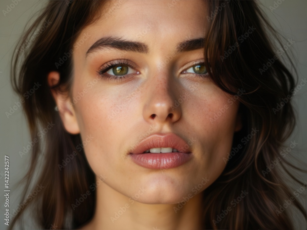 beautiful woman with green eyes and a greenish tint to her skin. She has a nice smile and is looking directly at the camera